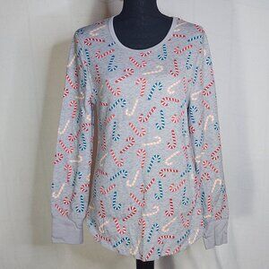 Old Navy Grey Thermal LS Teal Peach Red Candy Canes Scoop Neck Cotton Top Sz XL